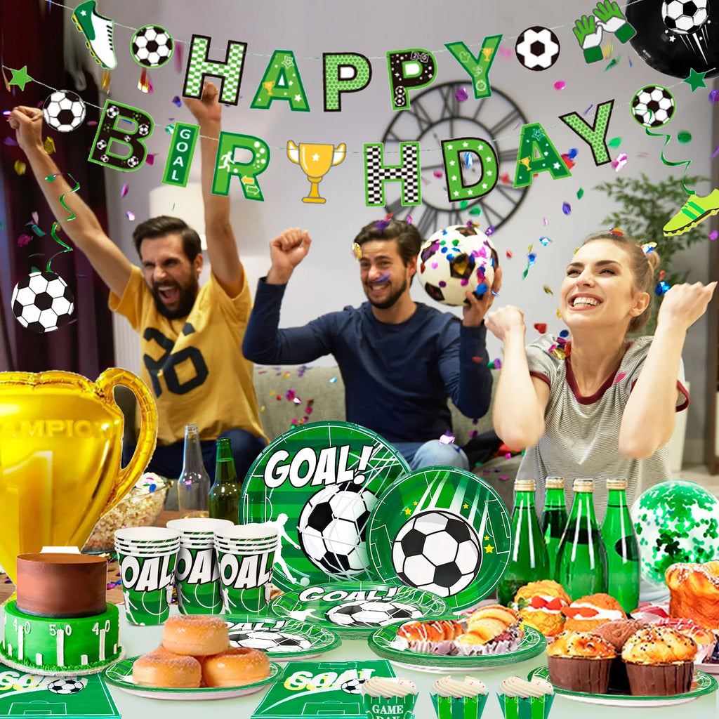 Soccer Party Decorations,113pcs Party Decorations&Tableware Set-Soccer Birthday Banner Balloons Whistle Keychain Plates etc