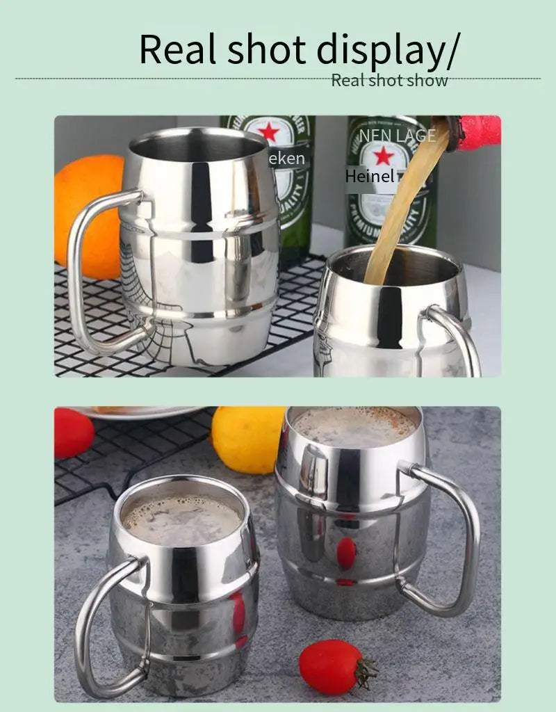 Double steel beer cup creative 304 stainless steel draft beer milk cup coffee milk tea cup children's drinking cup with handle