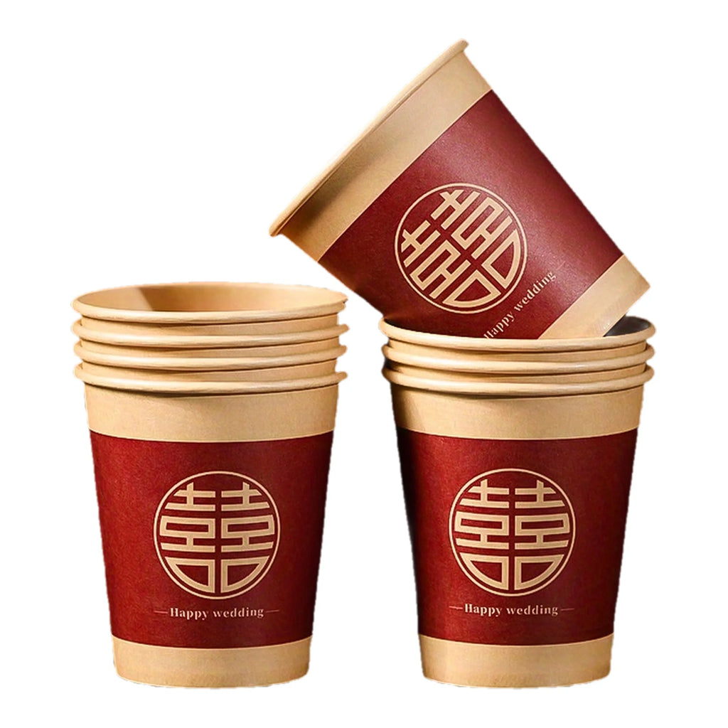 50pcs, Disposable Xi Character Cup, Bridal Party Wedding Paper Cup, Red Xi Character Paper Cup, Wedding Tea Ceremony Paper Cup