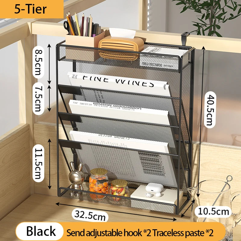 Desk File Organizer Mesh 5-Tier, Hanging Wall Mount Document Organization Stand, Desktop Vertical Mail Paper Folder Holder Rack