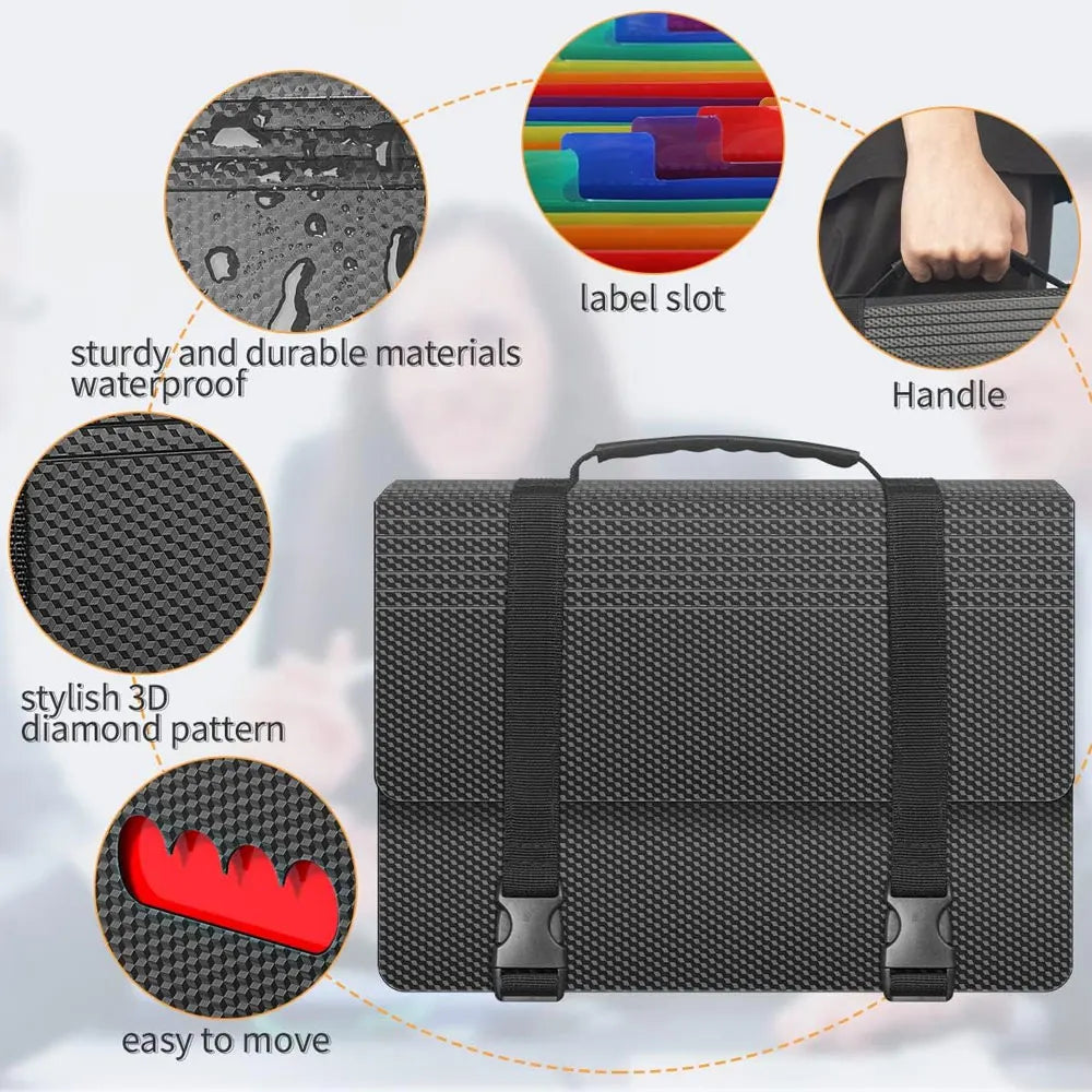 Expandable document folder, 25-pocket accordion-style document organizer with handle, suitable for document organization.