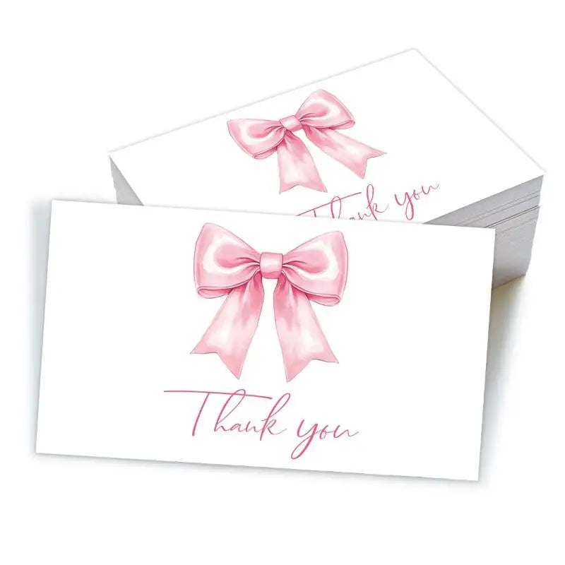 50pcs Business Thank You Cards Cherry & Pink Bow Design Celebration Invitations Gift Wrapping Cards For Party