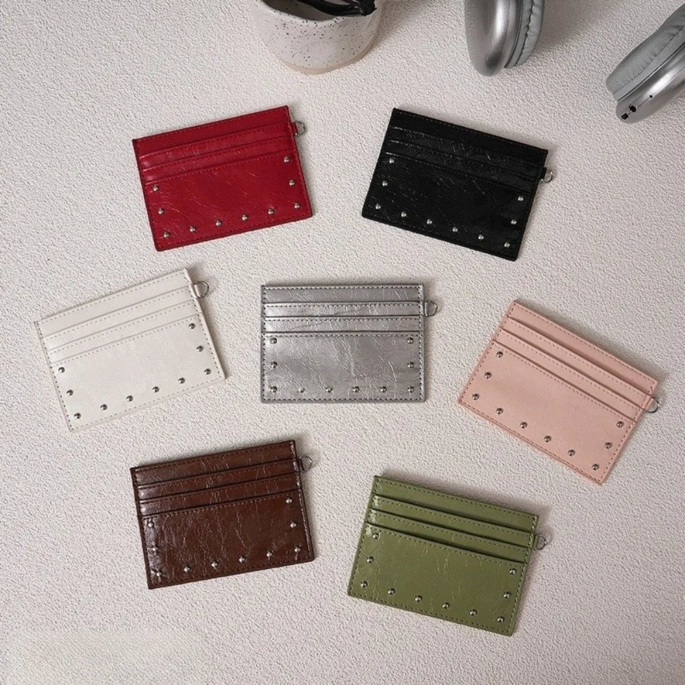 Compact Ultra Thin Cracked Leather Card Wallet Mini Size Multiple Slots Rivet Card Holder Solid Color PU Coin Purse Student