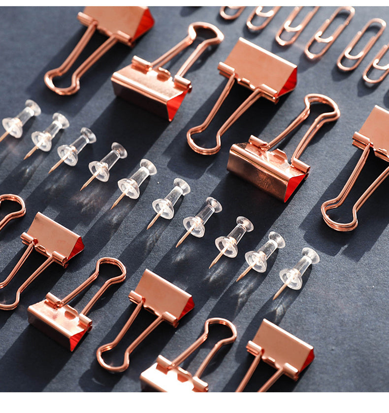 72Pcs Color Binder Clips Paper Clips Push Pin Set Rose Gold Push Pins Cute Stationery for Office Accessories School Supplies