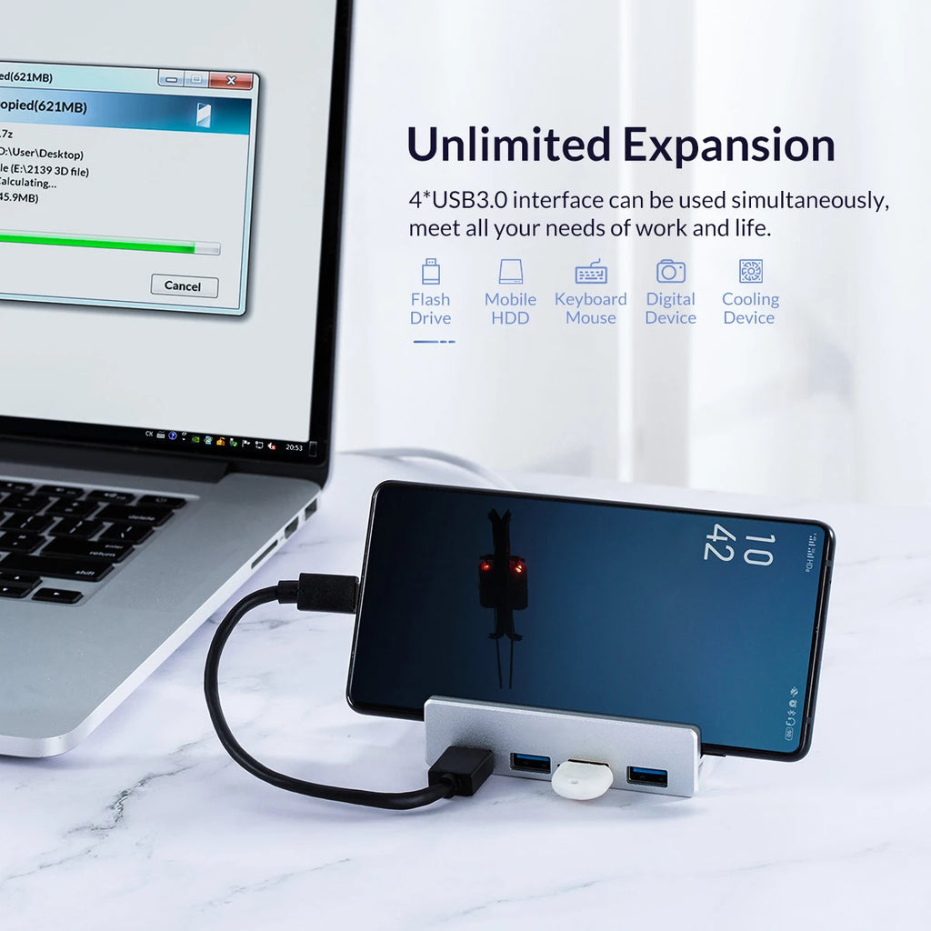 6-IN-1 Black Clip Dock 5Gbps USB 3.0 HUB Aluminum Alloy External Multi USB Splitter Adapter for Laptop Desktop with TF Card Slot