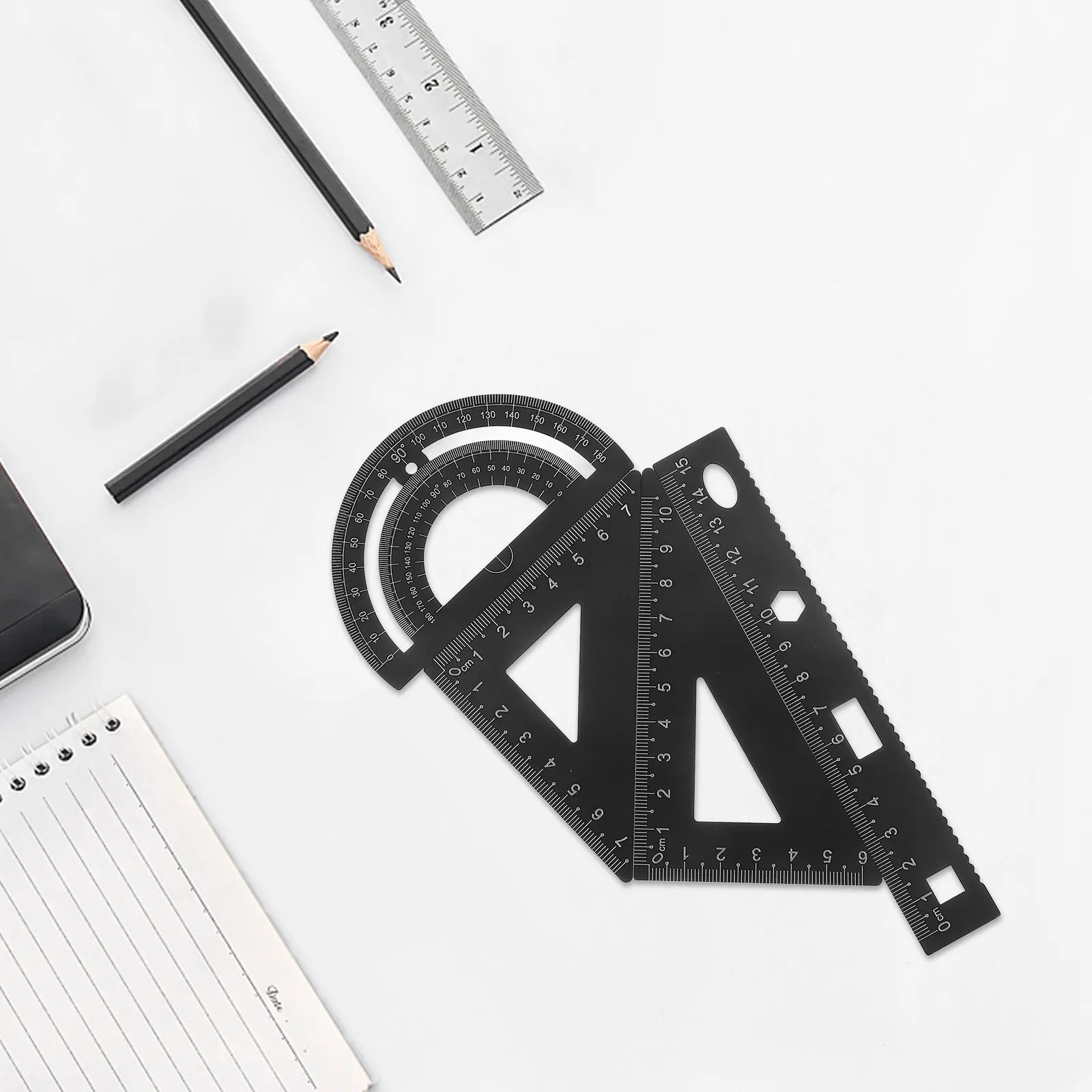 1Set Metal Math Drawing Set Includes Straight Ruler Triangle Plate Protractor for Students Architects Engineers Artists Portable