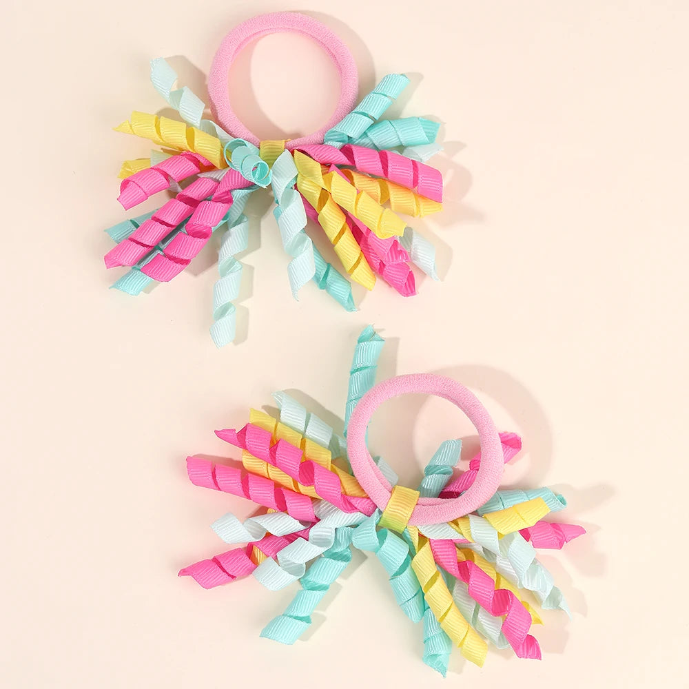 2Pcs Trendy Firework Hair Ties Rainbow Curly Ribbon Elastic Rubber Bands For Girls Kids Cute Hair Ropes Daily Hair Accessories