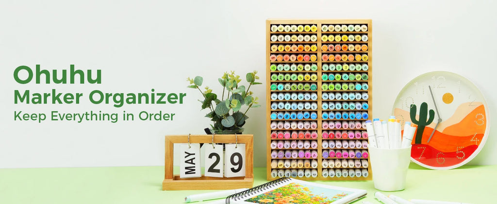 Ohuhu Bamboo Marker Organizer Wooden Desktop Storage Hold 126 Markers Pens Pencils Art Brushes Stationary Organizer Pen Holder