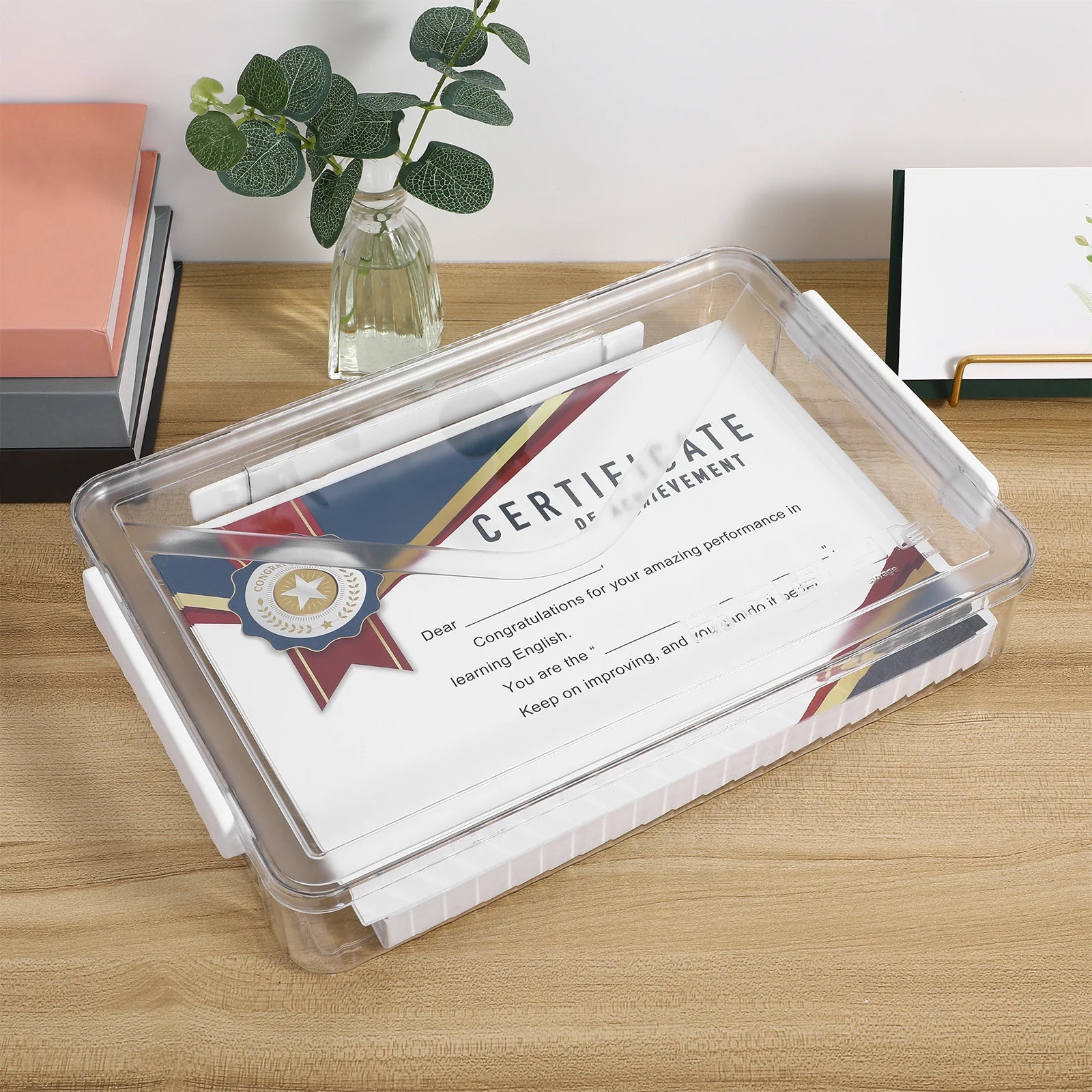 Magazine Portable A4 Paper Storage Bin Transparent File Boxes Document Container Plastic with Lids Holder Case Handle
