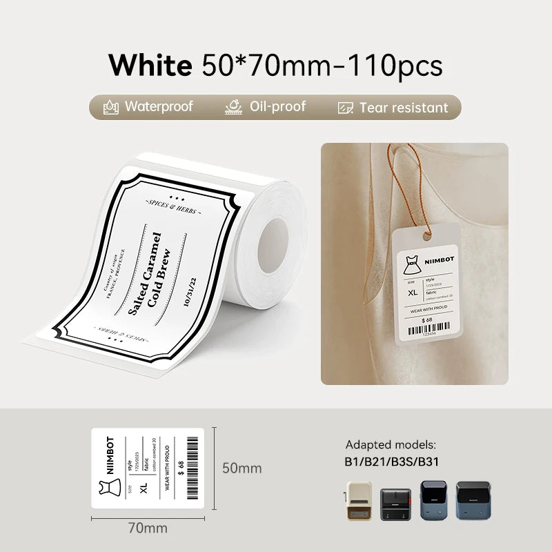 1 Roll NIIMBOT White/Cold Thermal Adhesive Label for B1 B21 B3S B31 B4 Anti-Oil Tear-Resistant Price Tag Home Bussiness Use