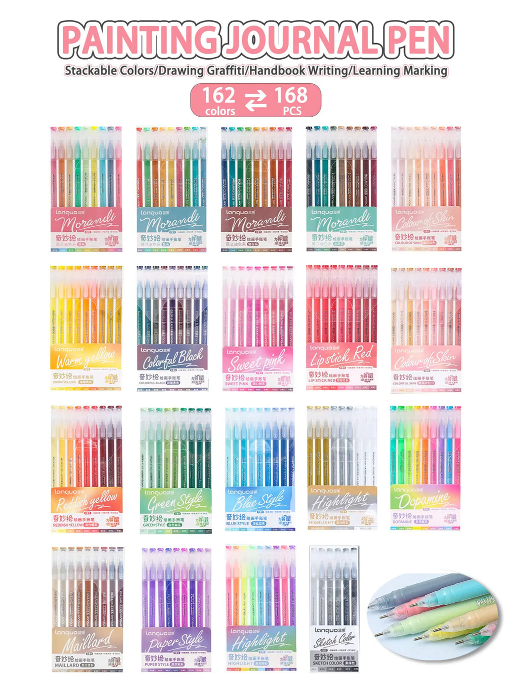 Languo 27-207 Colors Of One Set Drawing Handbook Pens Student DIY Graffiti Multi-Color Gel Pen Writing Marker Stationery
