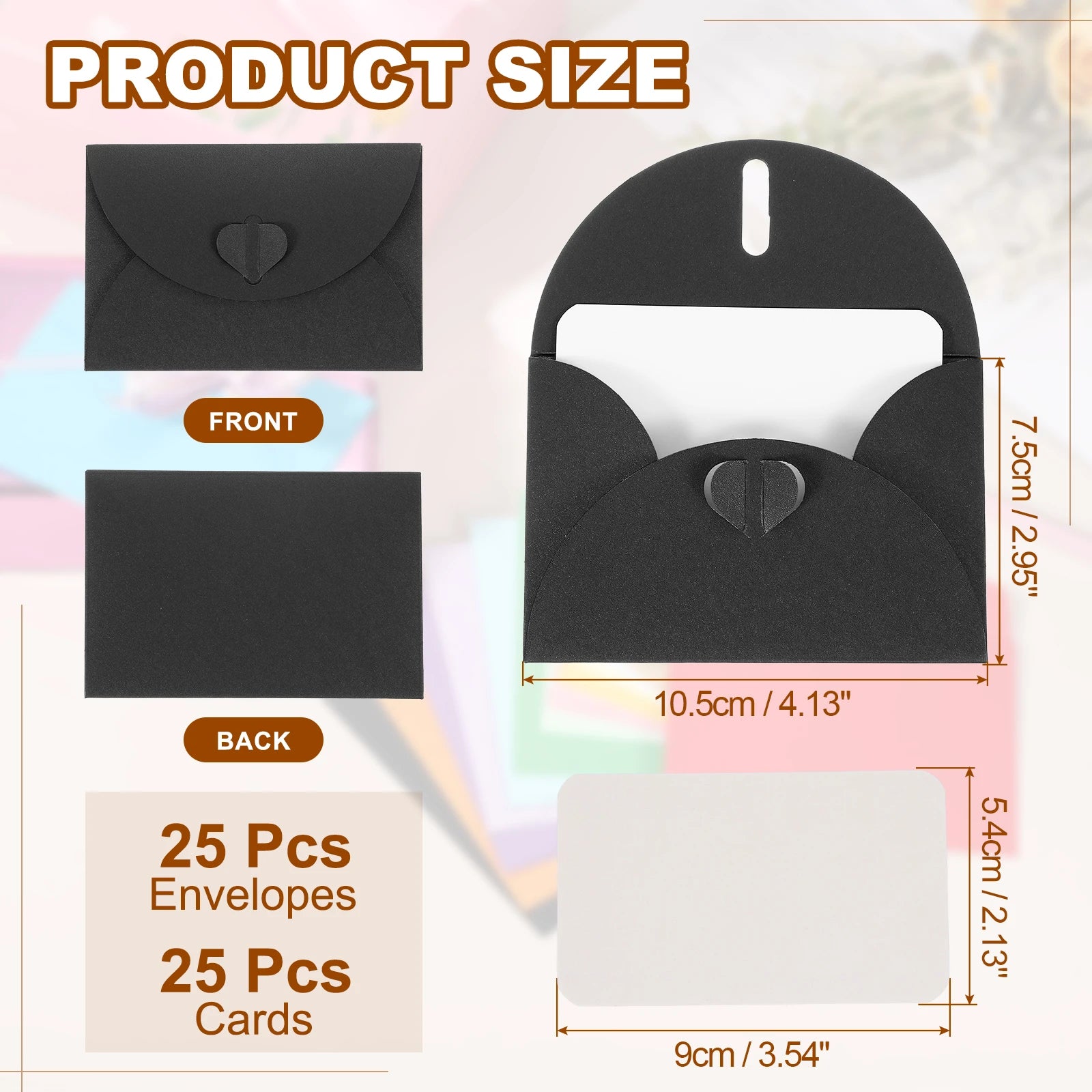 25Sets Mini Envelopes with Heart Clasp 9x5.4cm Blank Note Cards with 10.5x7.5cm Envelopes for Gift Wedding Invitation Graduation