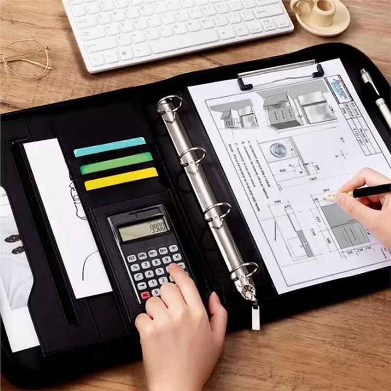 3-Ring Portfolio Binder, Leather With Pockets, Professional Organizer With Laptop Sleeve And Folder (Black)