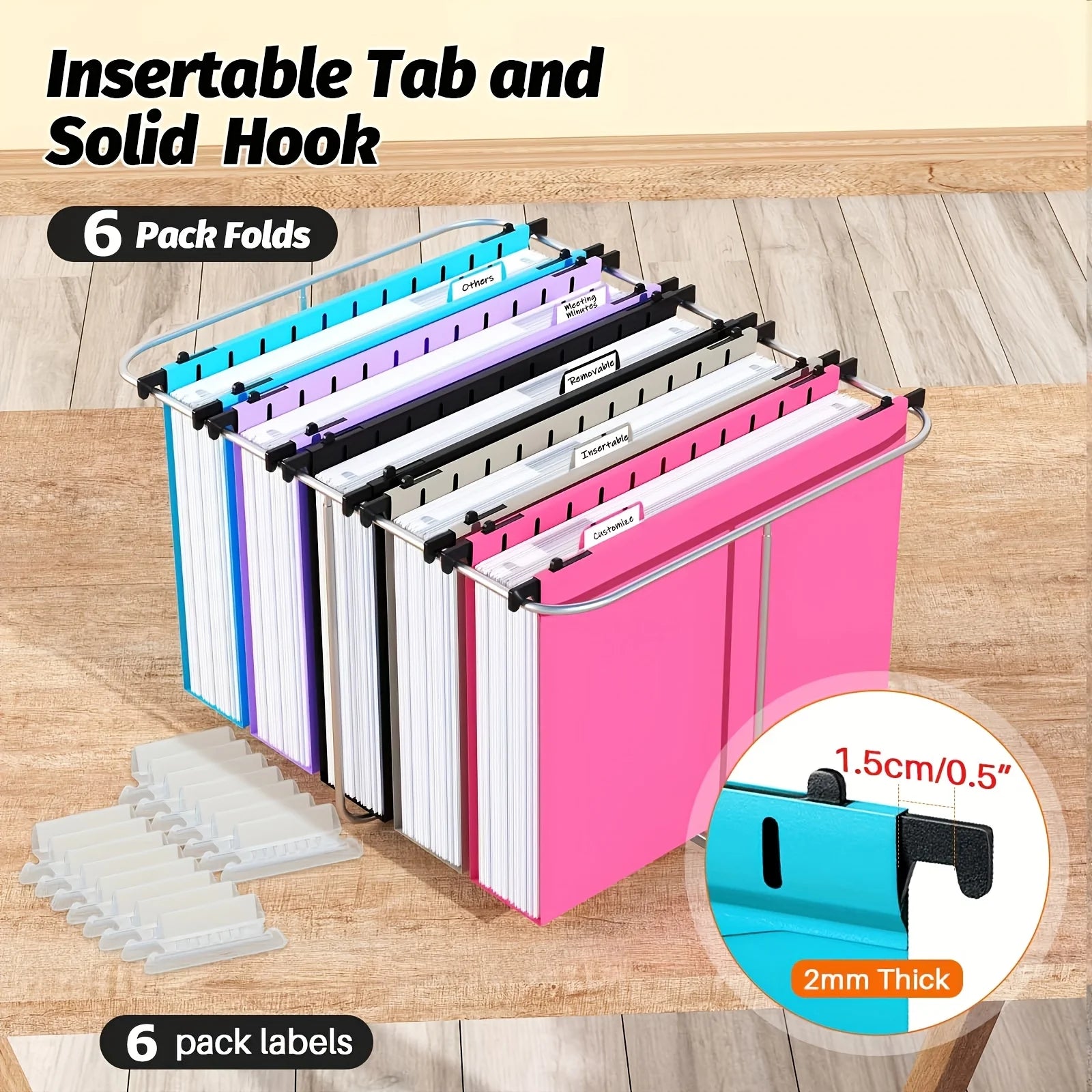 6 Sets Large Capacity Multi-Color Plastic Hanging File Bag, Thickened A4 Size  2-Inch Widened Design For Filing Cabinet Storage