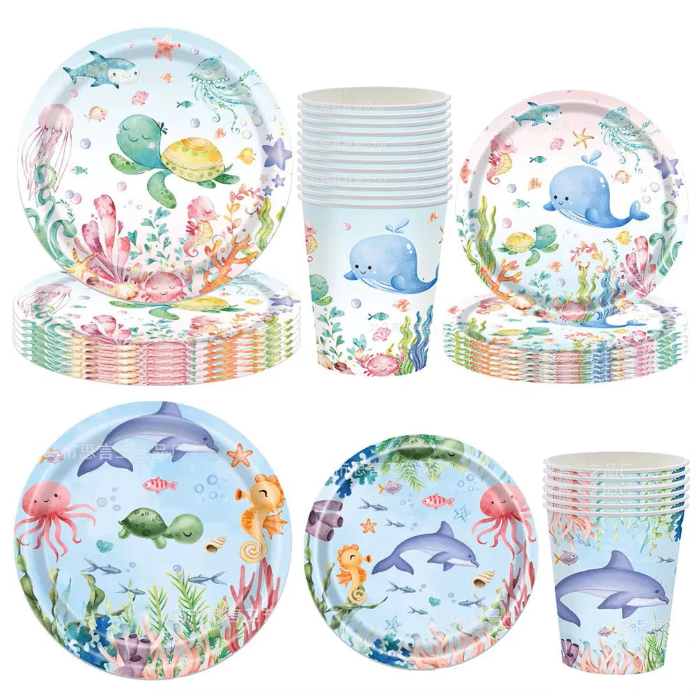 Sea Animal Theme Disposable Tableware Under The Sea Baby Shower Party Plates Napkins Cups Ocean Animals Birthday Party Supplies