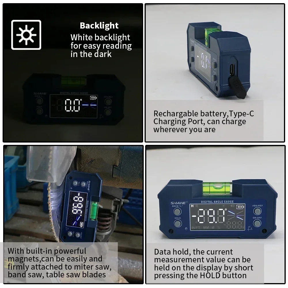 SHAHE Rechargable Digital Protractor Inclinometer Digital Angle Finder Level Box Angle Measuring Tools