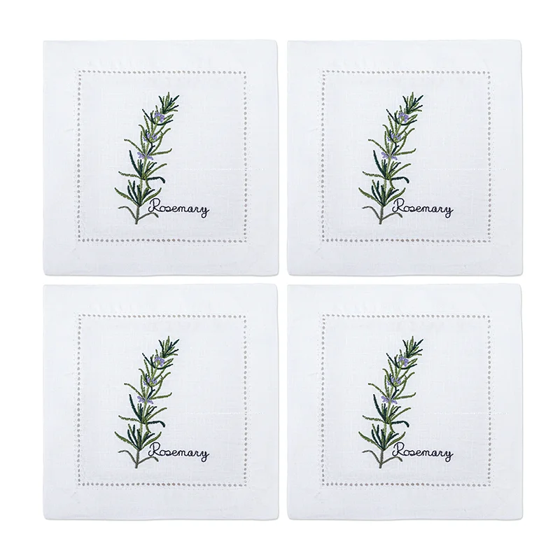 New Embroidered Herb Cocktail Napkin, Pure Linen, Lavender, Rosemary, Mint，Sage，Natural, Elegant, Tea Napkin, 15x15cm,