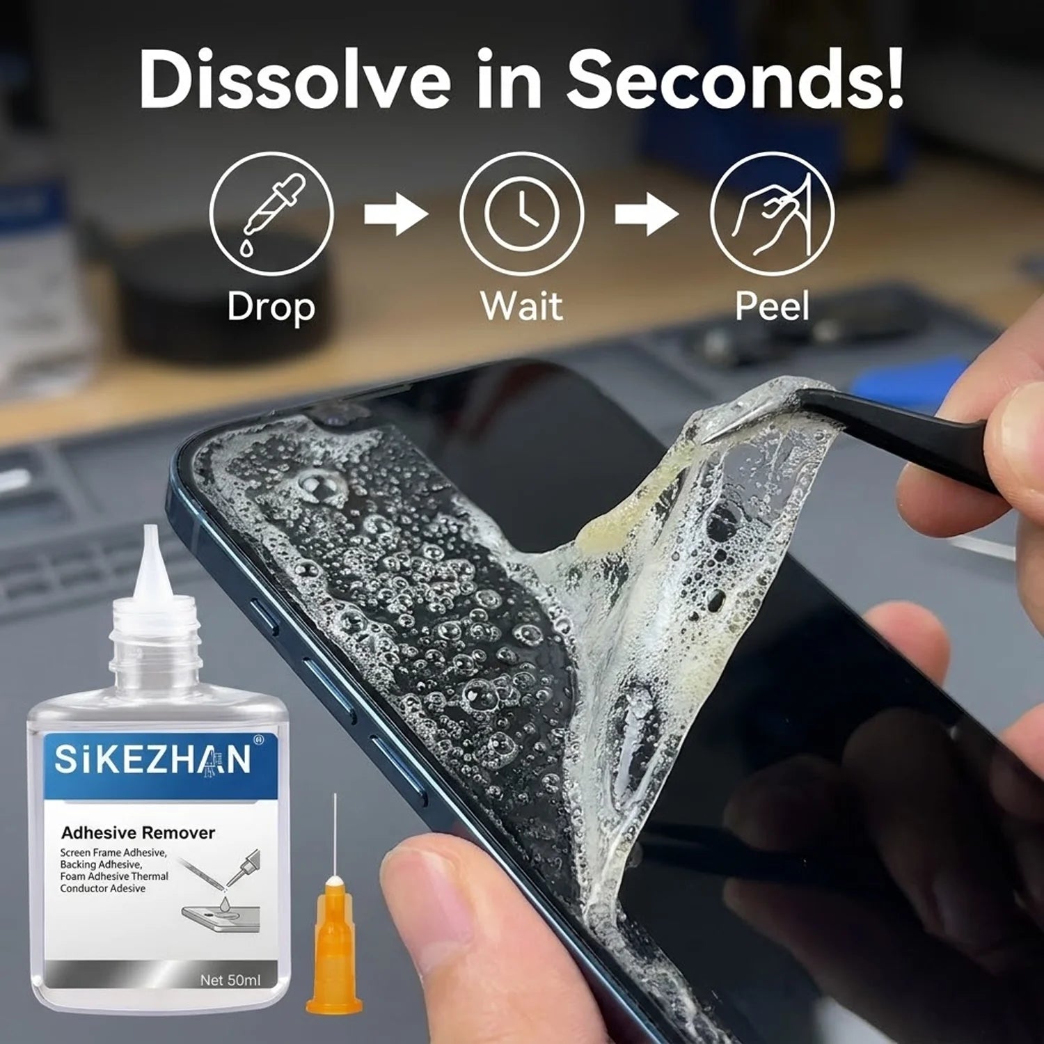 SiKEZHAN 50ml Phone Screen Adhesive Remover Liquid LCD Frame Back Cover Glue Cleaner Repair Kit Tool + Precision Injector Needle