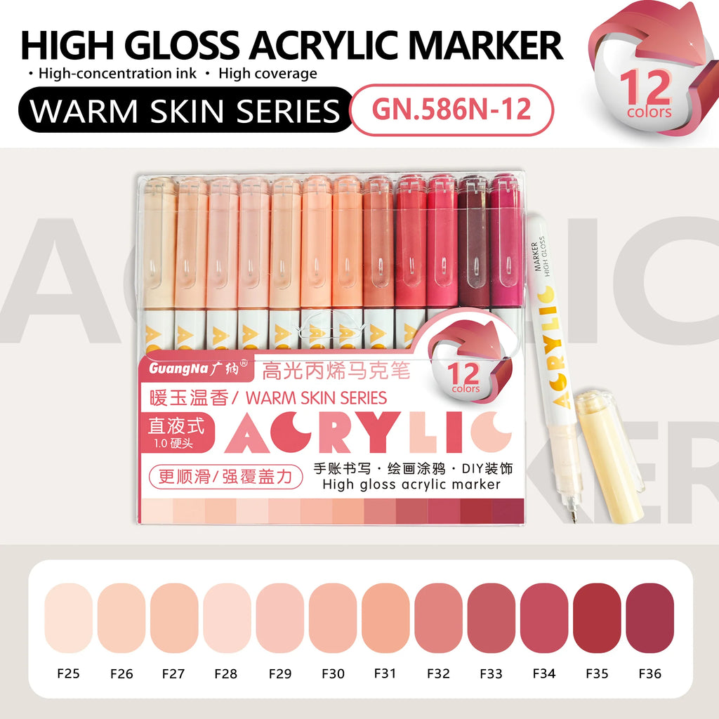 GuangNa 168/12 Colors High Gloss Acrylic Marker Pen Set,Hard Headed Drawing Pens,DIY Graffiti Paint Pen Stationery,GN.586