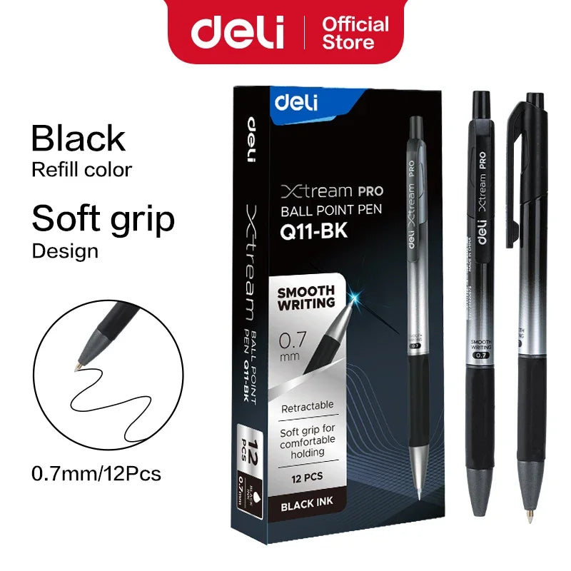 DELI Smooth Writing Ballpoint Pens 0.7mm Black and Blue Ink Pens 12PCS Pack of Retractable Ball Pen for Office School Home
