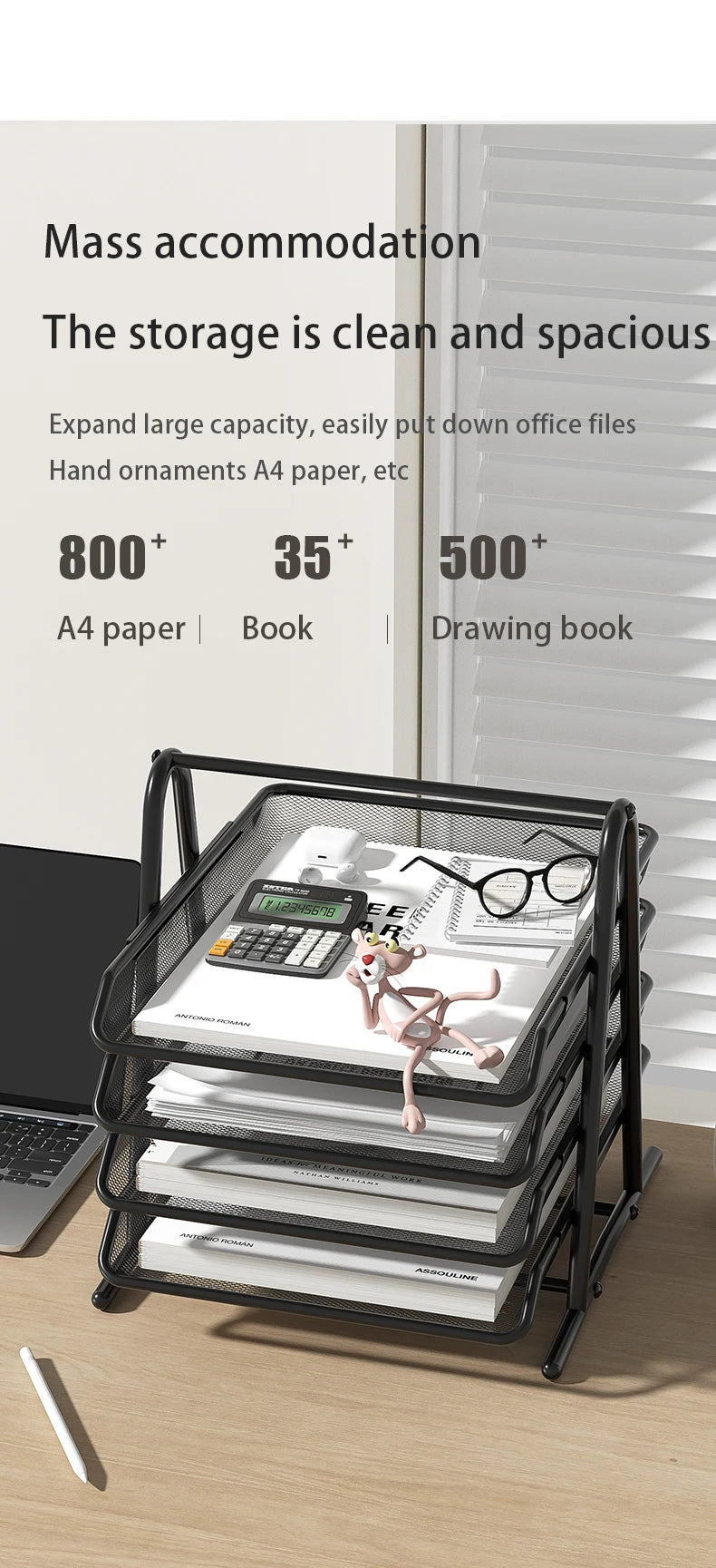 Sliding Paper Tray Organizer Metal Mesh Desktop File Storage Rack Document Letter Holder for Office Home School Classroom