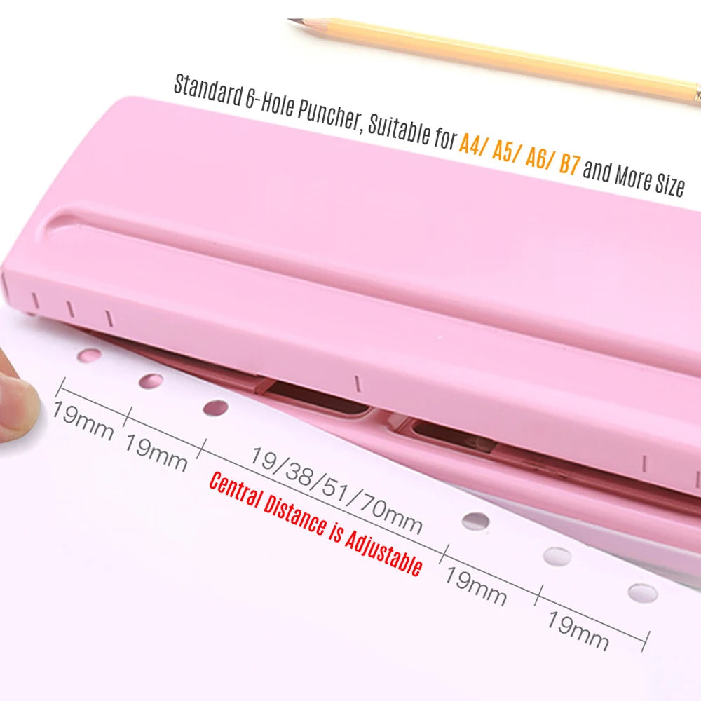 Adjustable 6-Hole Desktop Punch Puncher for A4 A5 A6 B7 Dairy Planner Organizer Six Ring Binder with 6 Sheet Capacity
