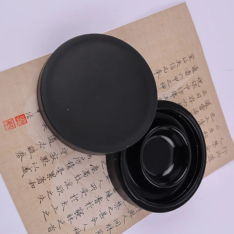 5-Inch Hot Pot Inkstone with Cover Double Circle Anti-drop and Anti-dry Ink Inkstone for Students' Calligraphy