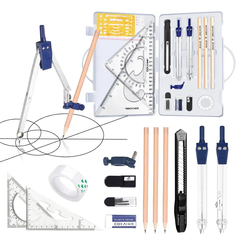 15-Piece Geometry Drawing Set with Portable Case, Dual Metal Compasses, Clear Rulers and Templates for School, Math and Drafting