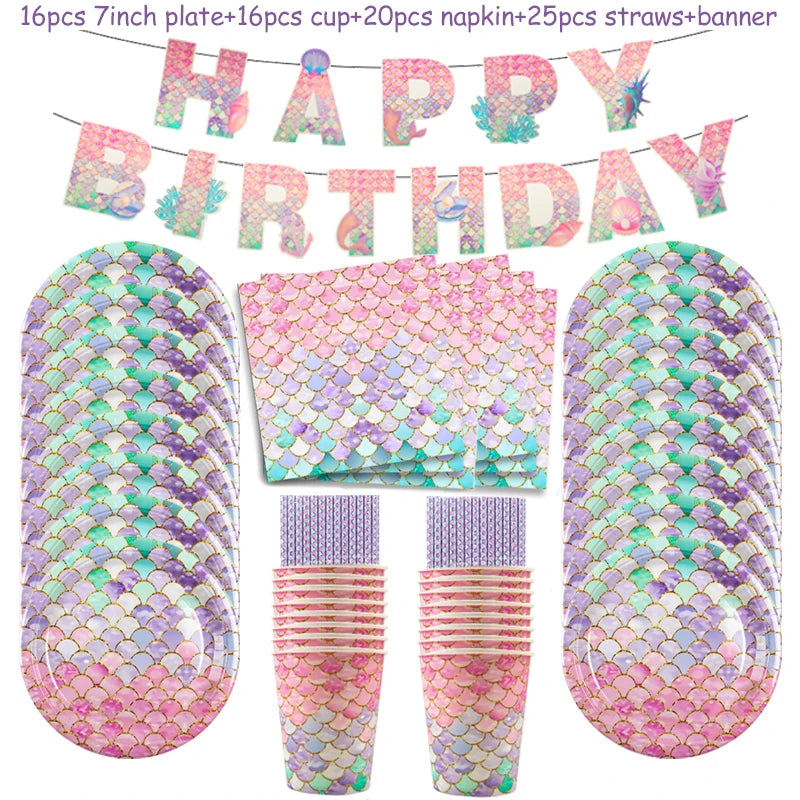 Mermaid Party Decorations Supplies Mermaid Disposable Plates Cup Napkins Set for Girls Baby Shower Mermaids Princess Birthday