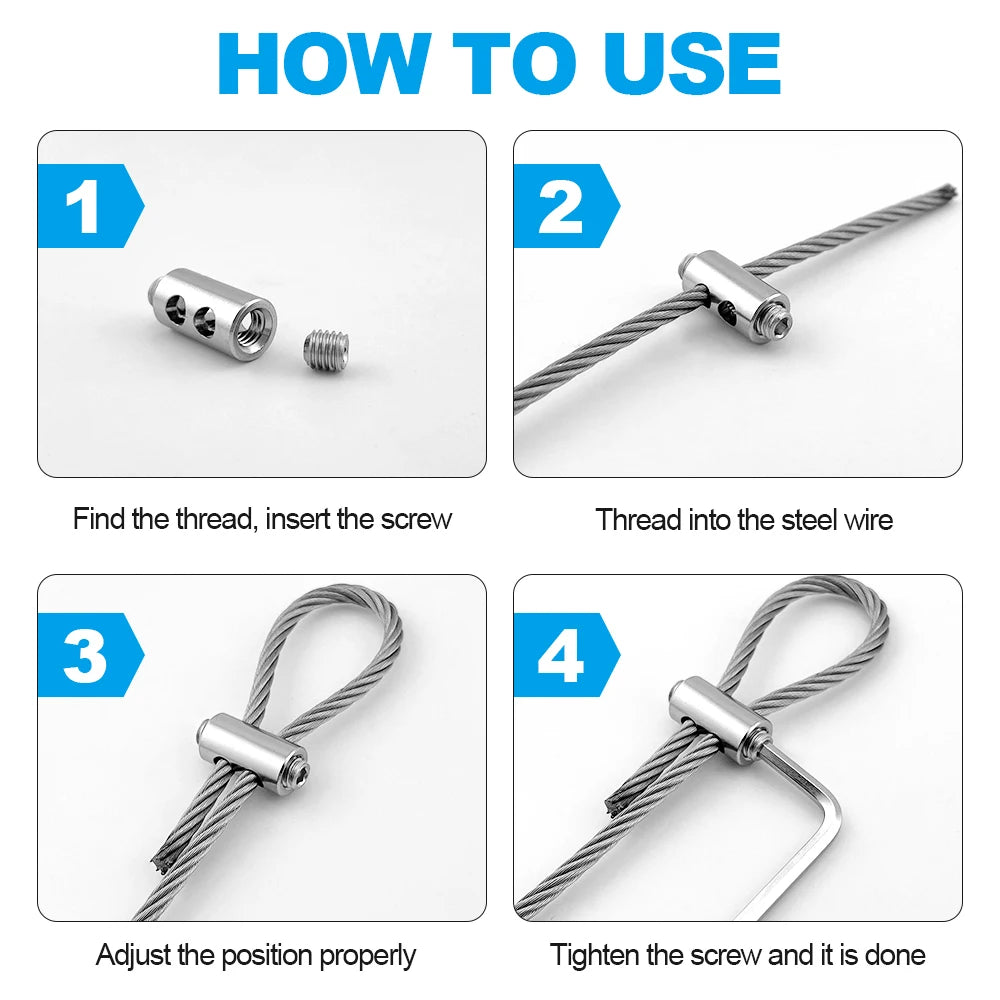 10pcs 2/3mm Wire Rope Clamps Stainless Steel Cable Fastener Adjustable Screw Copper Metal Clip Sling Fitting