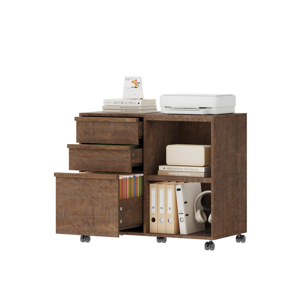 3 Drawer File Cabinet with Open Shelves, Rolling Lateral Filing Cabinet for Letter/A4, Mobile Wood Printer Stand on Wheels, Home Office Storage Organizer