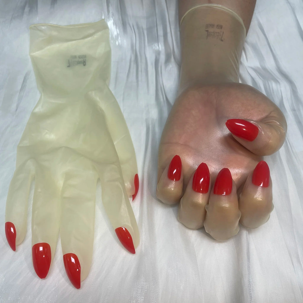 A pair of Malaysian latex material supper thin transparent shiny shiny male to female latex medium long gloves with nail service