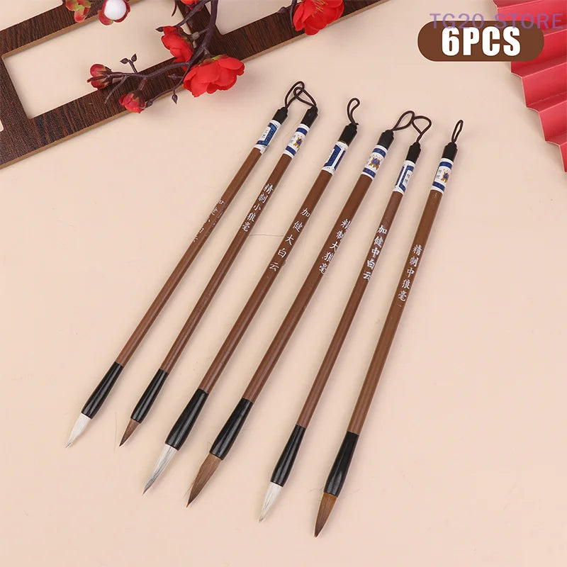 6Pcs Traditional Chinese Calligraphy Brushes Set White Clouds Bamboo Wolf's Hair For Painting Practice Writing Tools