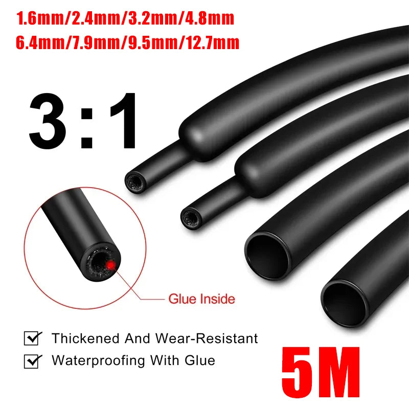 5 Meter 3:1 Waterproof Heat Shrink Tube Insulating Sleeve Wire Protection Dual Wall  Heat-shrinkable Sleeve With Glue Inside