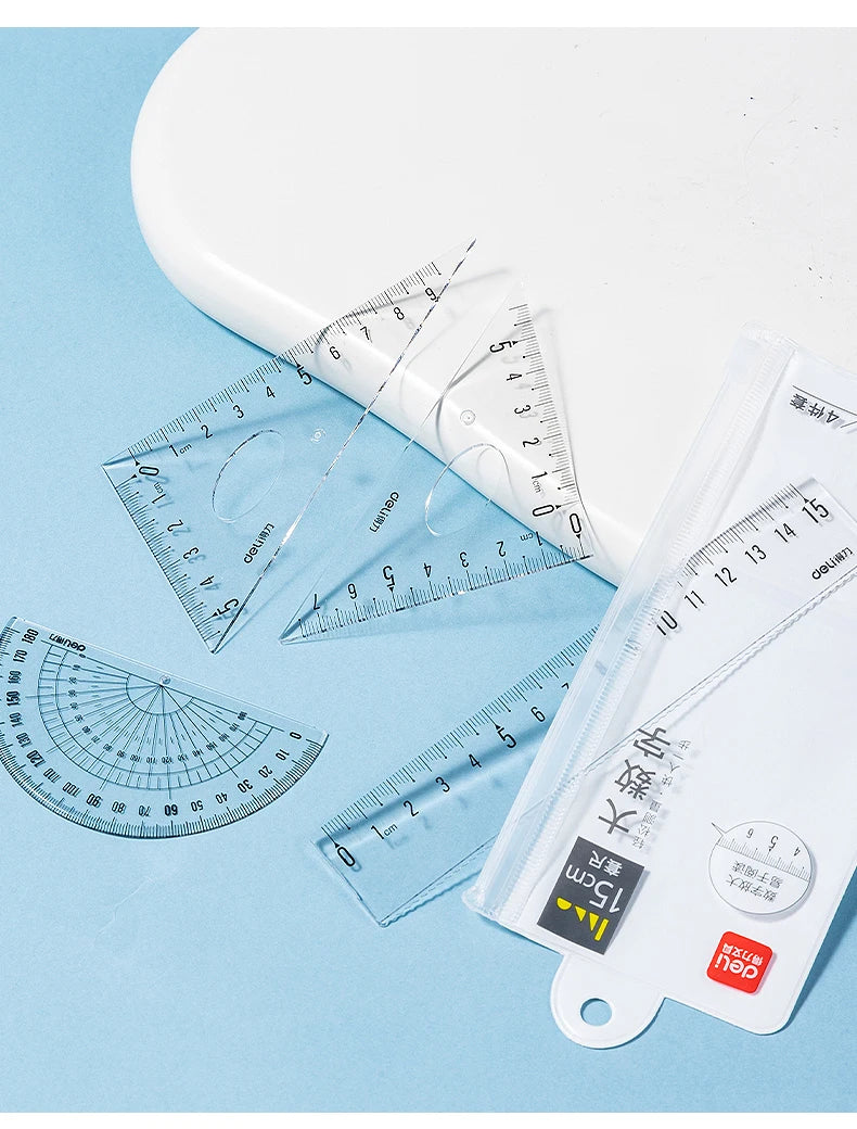 Deli 4Pcs Student Ruler Set Transparent Plastic Straight Ruler Triangle Protractor for Kids School Office Home Supplies