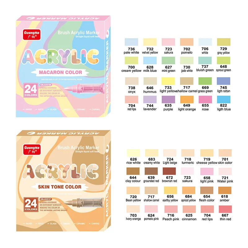 GuangNa 12-72 Colors Soft Brush Acrylic Marker Pen Set,Skin Tone, Macaron color,DIY Hand Drawn,Paint Art Markers pens,GN.8201F/M