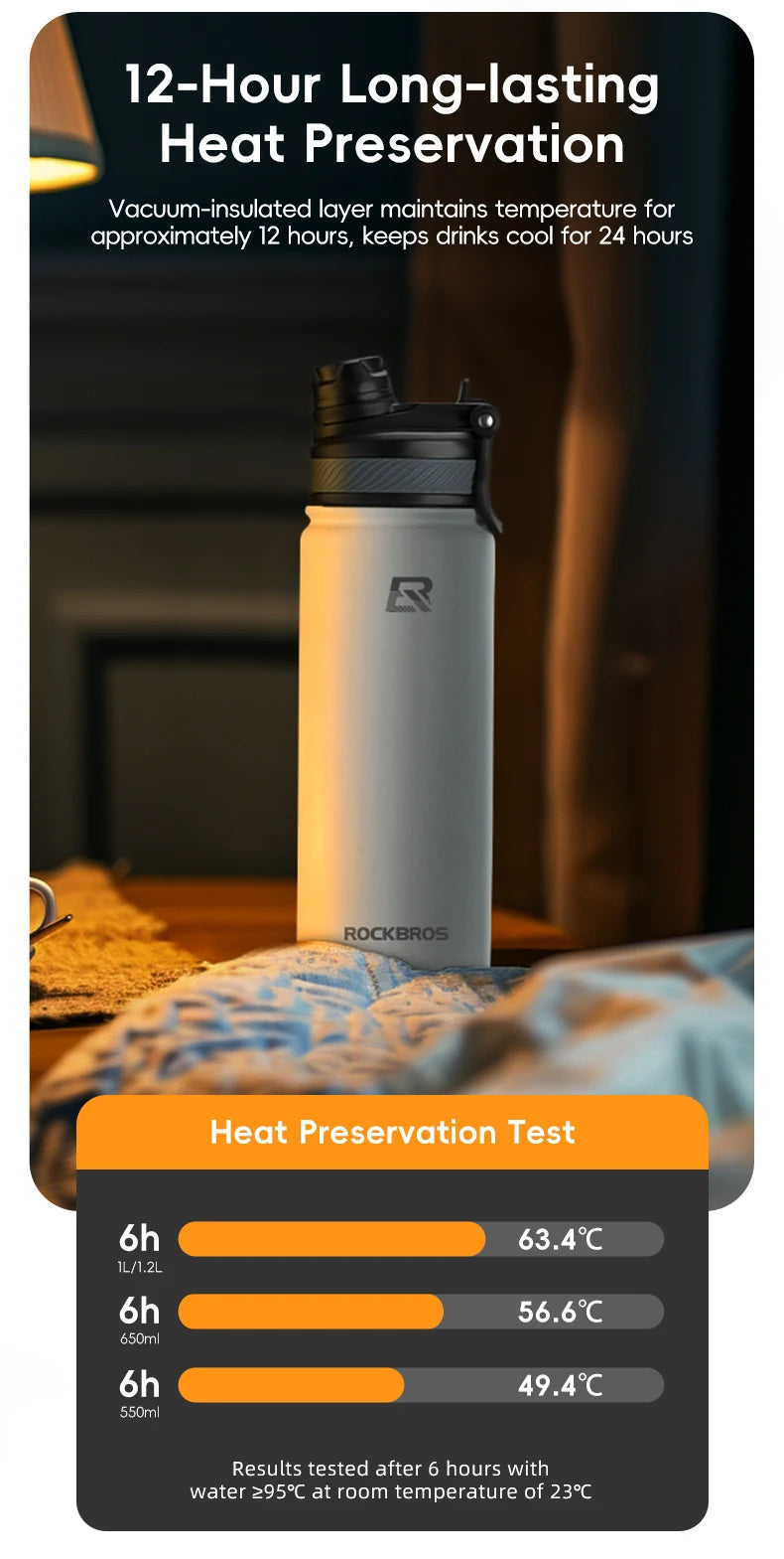 ROCKBROS Cycling Water Bottle Thermal Drinkware Vacuum Flasks & Thermoses Bottle 500ml 650ml 1000ml 1200ml Cycling Water Bottle