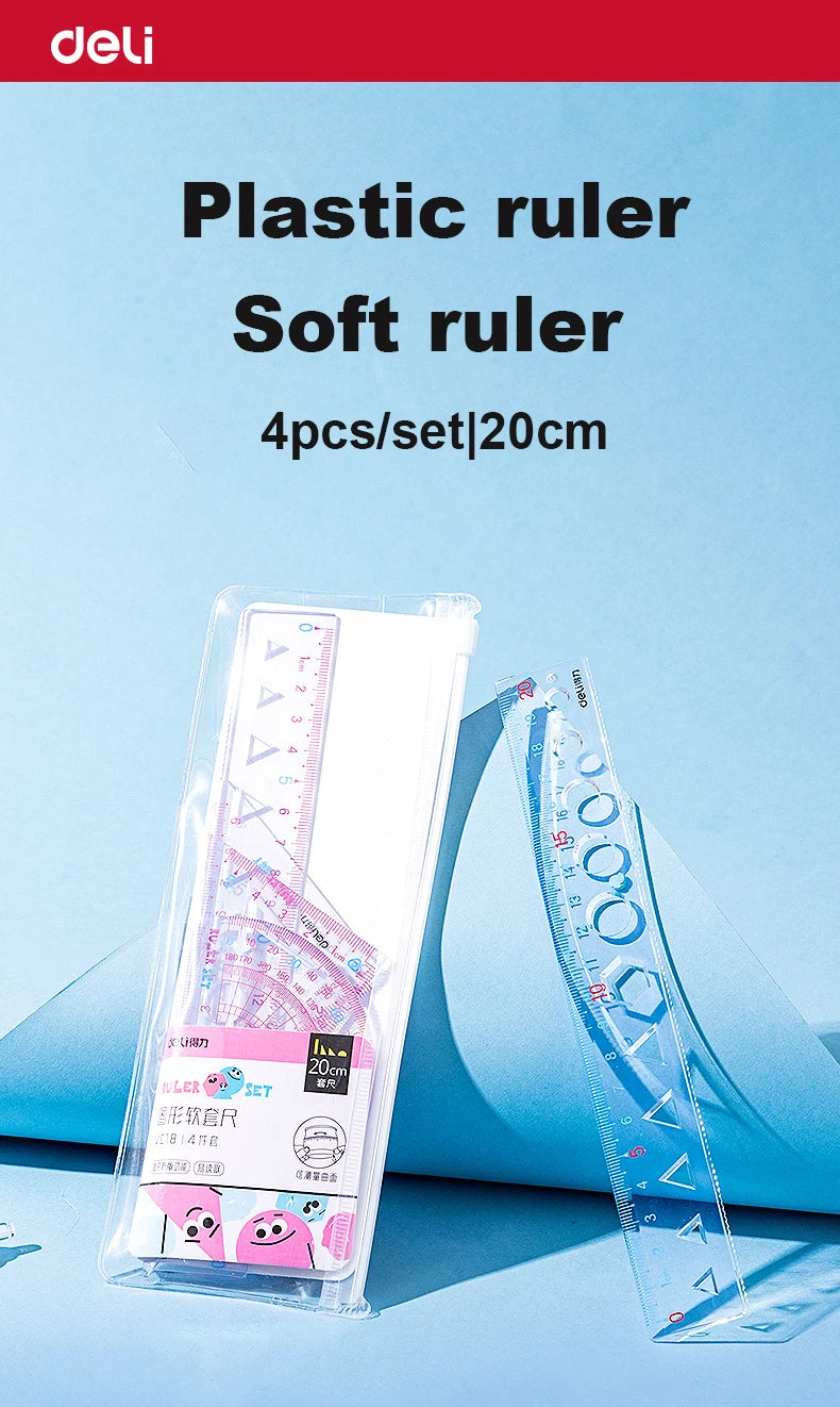 Deli 4pcs/set Transparent Soft Ruler Flexible Straight Triangle Rulers Protractor for Home Office Drawing Maths Measuring Tool