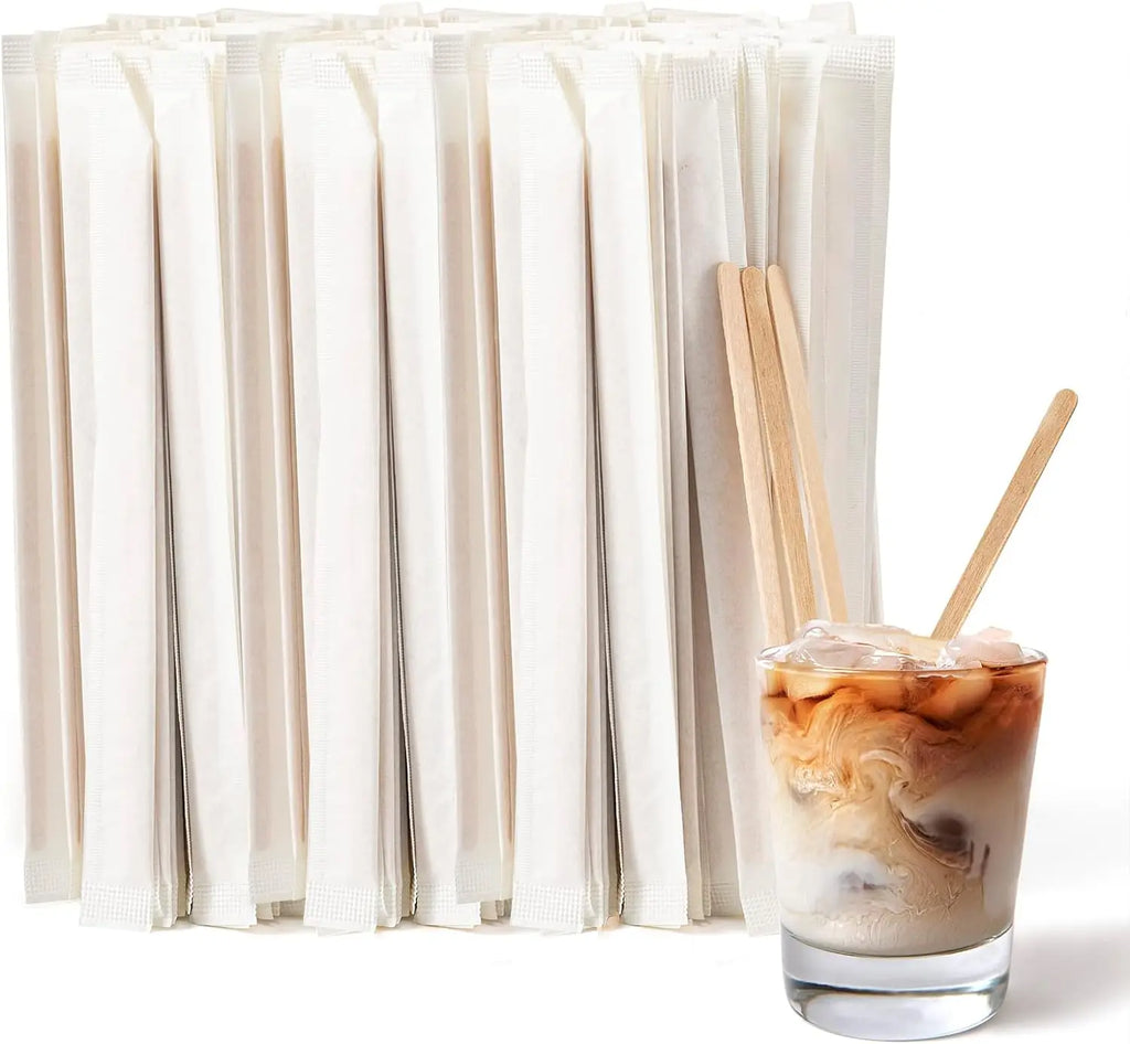 300/100pcs Wooden Coffee Stirrers Individually Wrapped Disposable Tea Drink Cocktail Mixer Swizzle Sticks Round End 5.5Inch Long