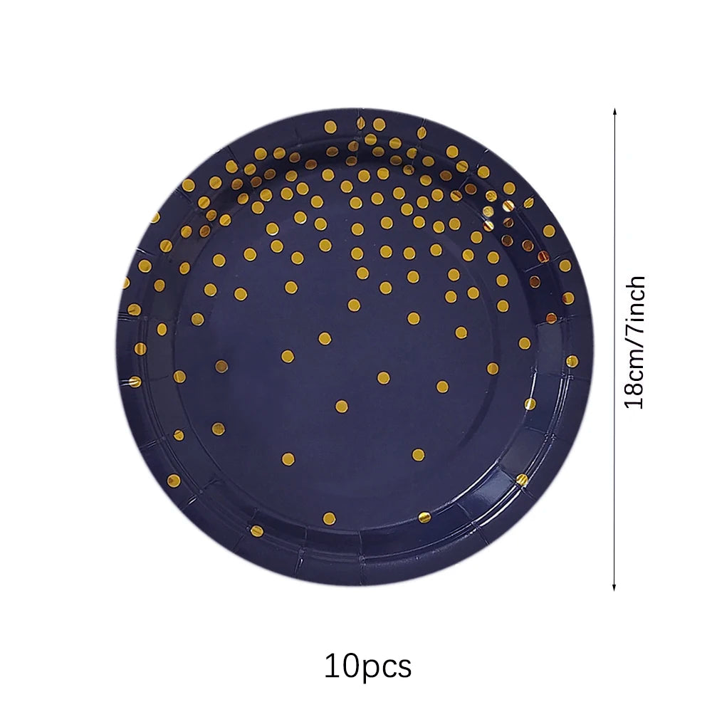 Dark Blue Gold Birthday Disposable Tableware Paper Plates Cups Napkin Tablecloth Adult Elegant Birthday Party Decoration Wedding