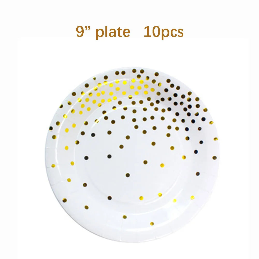 White Gold Birthday Disposable Tableware Polka Dots Paper Plate Cup Napkin Tablecloth Wedding Birthday Party Decoration Supplies