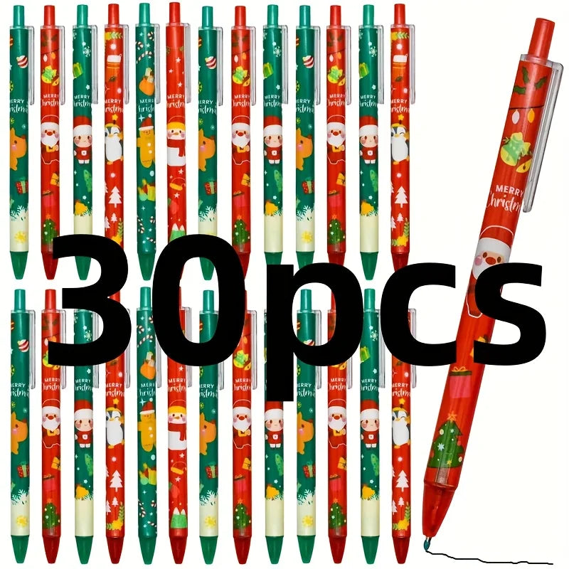 15/30pcs Christmas 0.5mm Gel Pen, Snowman Reindeer Santa Claus Print Decorative Office School Click-Type Signature Writing Gift