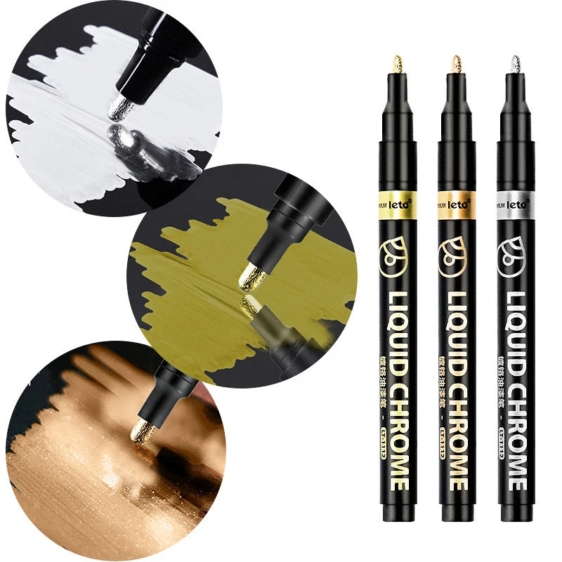 1-6pcs Chrome Pen Marker Mirror Waterproof DIY Reflective Paint Repair for Rock Ceramic Glass Metallic Gold/Silver 0.8/1/2mm Nib