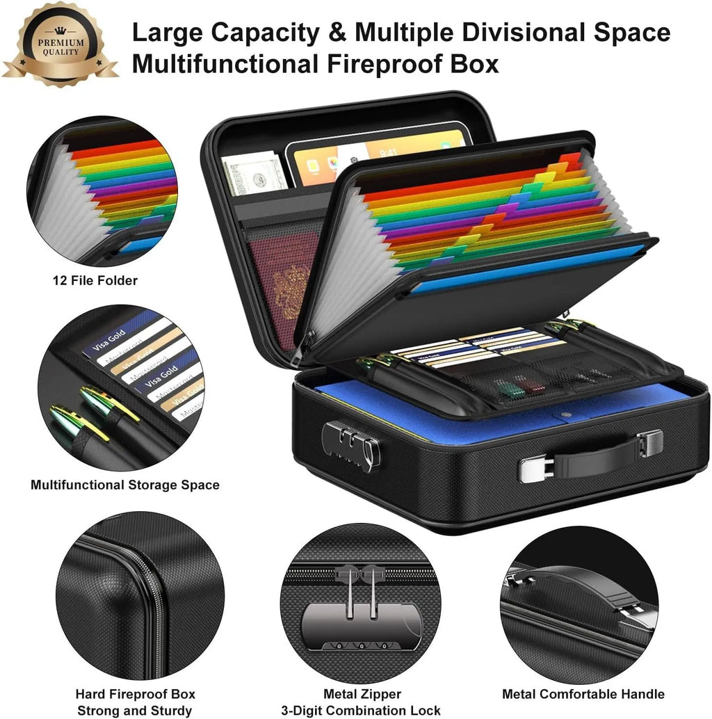 Hard Shell Fireproof Document Box with Lock Portable A4 Document Bag 5200°F Document Box Waterproof for Important Documents