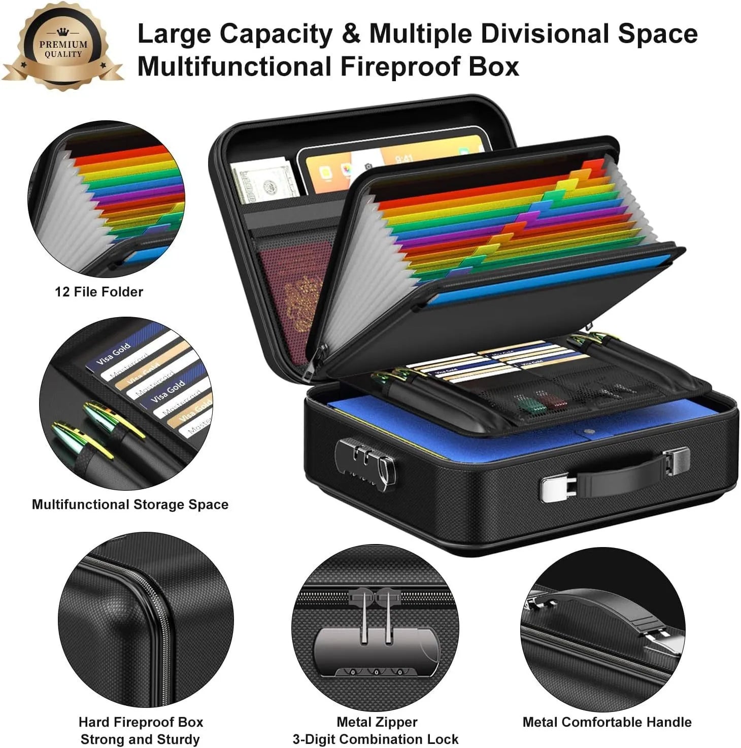 Hard Shell Fireproof Document Box with Lock Portable A4 Document Bag 5200°F Document Box Waterproof for Important Documents