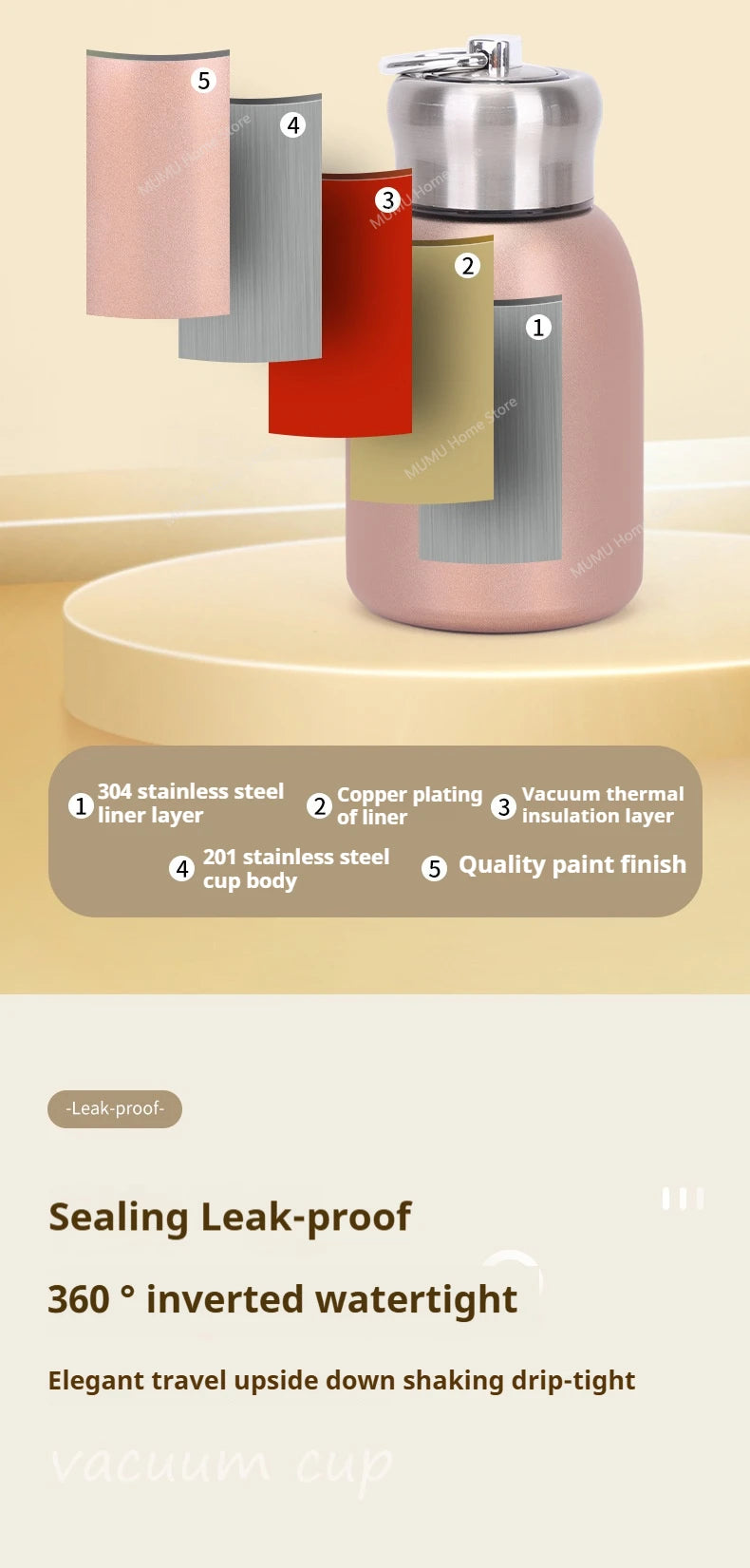 300ML Stainless Steel Vacuum Flask with Lifting Ring Mini Thermos Cup Car Insulated Cup Portable Travel Water Bottle Coffee Mug