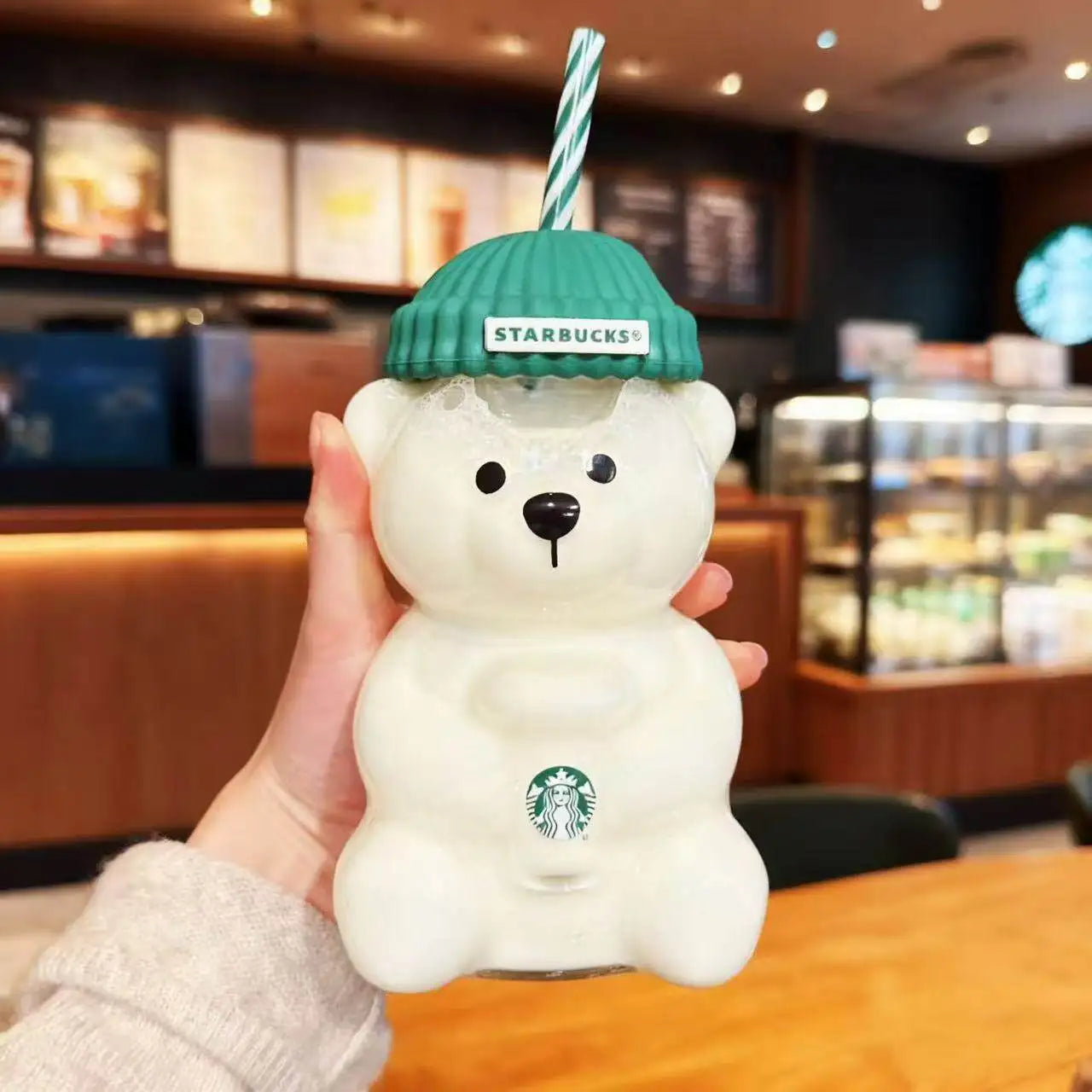 Starbucks Bearista Bear Clear Glass Tumbler 591ml 20oz Green Lid With Straw Cold Water Iced Coffee Home Café Gift
