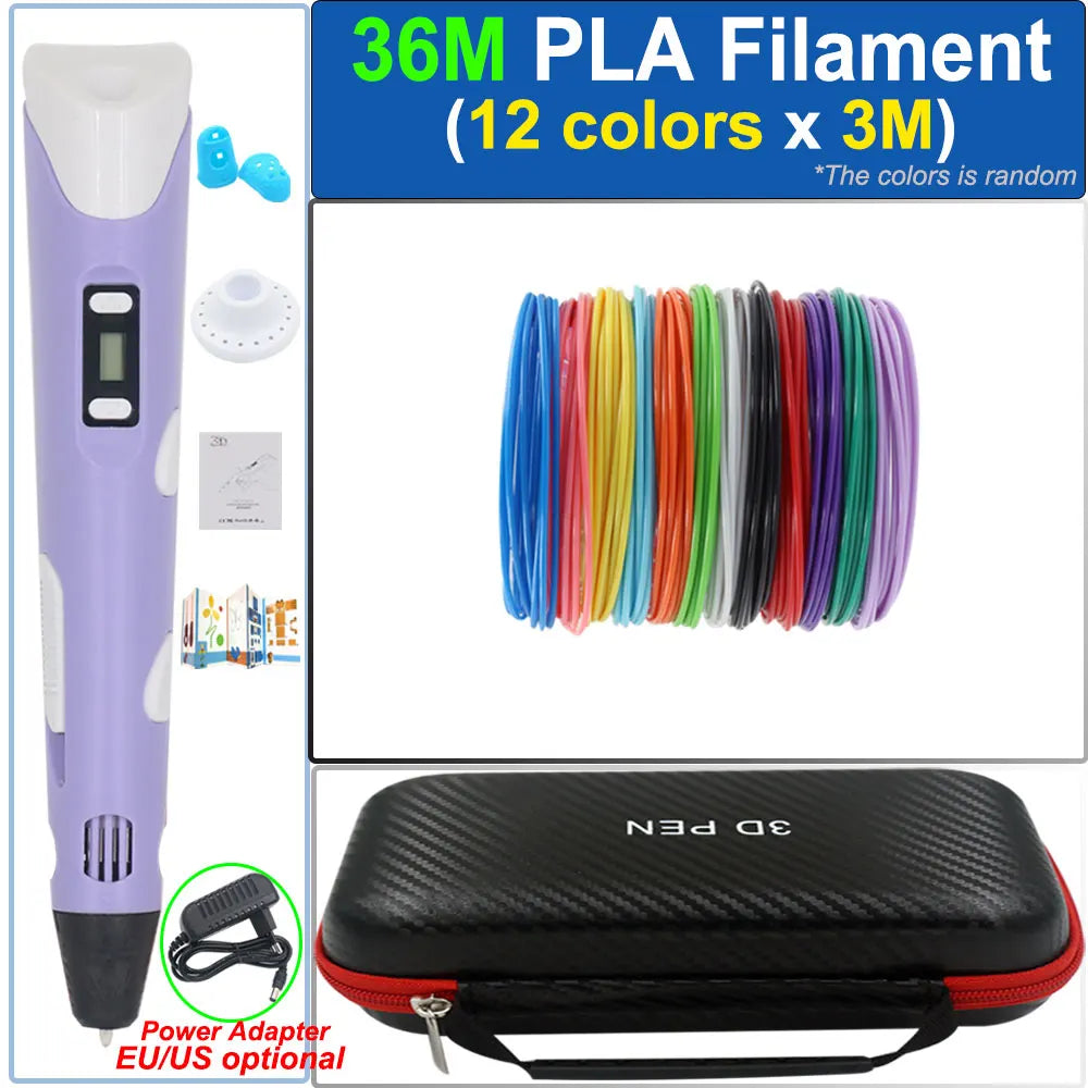 Children's 3D Pen 3D Drawing Printing Pen with LCD Screen Power Adapter 200M PLA Filament Toy Kids Christmas Birthday DIY Gift