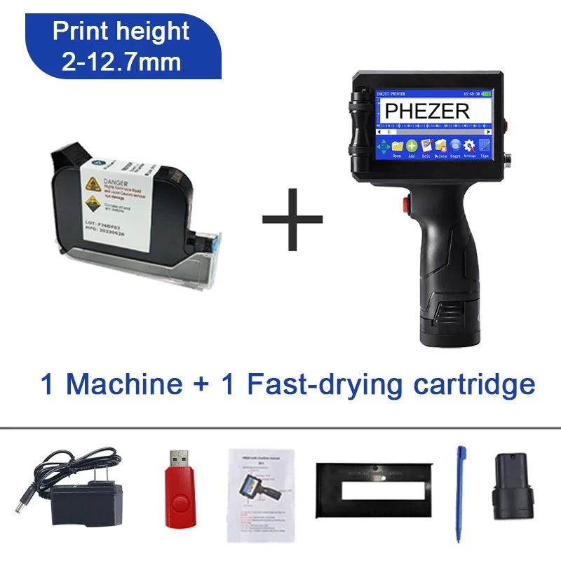 For Hp Phezer 12.7mm Label Printer Batch Code Date Number QR Bar Logo Expiry P15  Handheld Inkjet Printer 28 Languages Portable