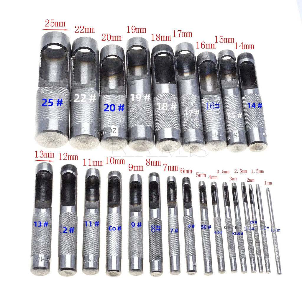 25 Size Pick Leather Tools Leather Punch Leathercraft Hole Craft Set Hollow Puncher Belt Punch 1.0mm-25mm for Clothing Canvas